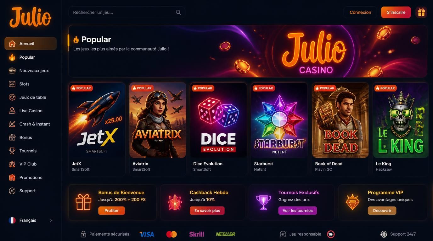 Interface de jeux populaires sur Julio Casino montrant JetX, Aviatrix, Dice, Starburst, Book of Dead et Le King