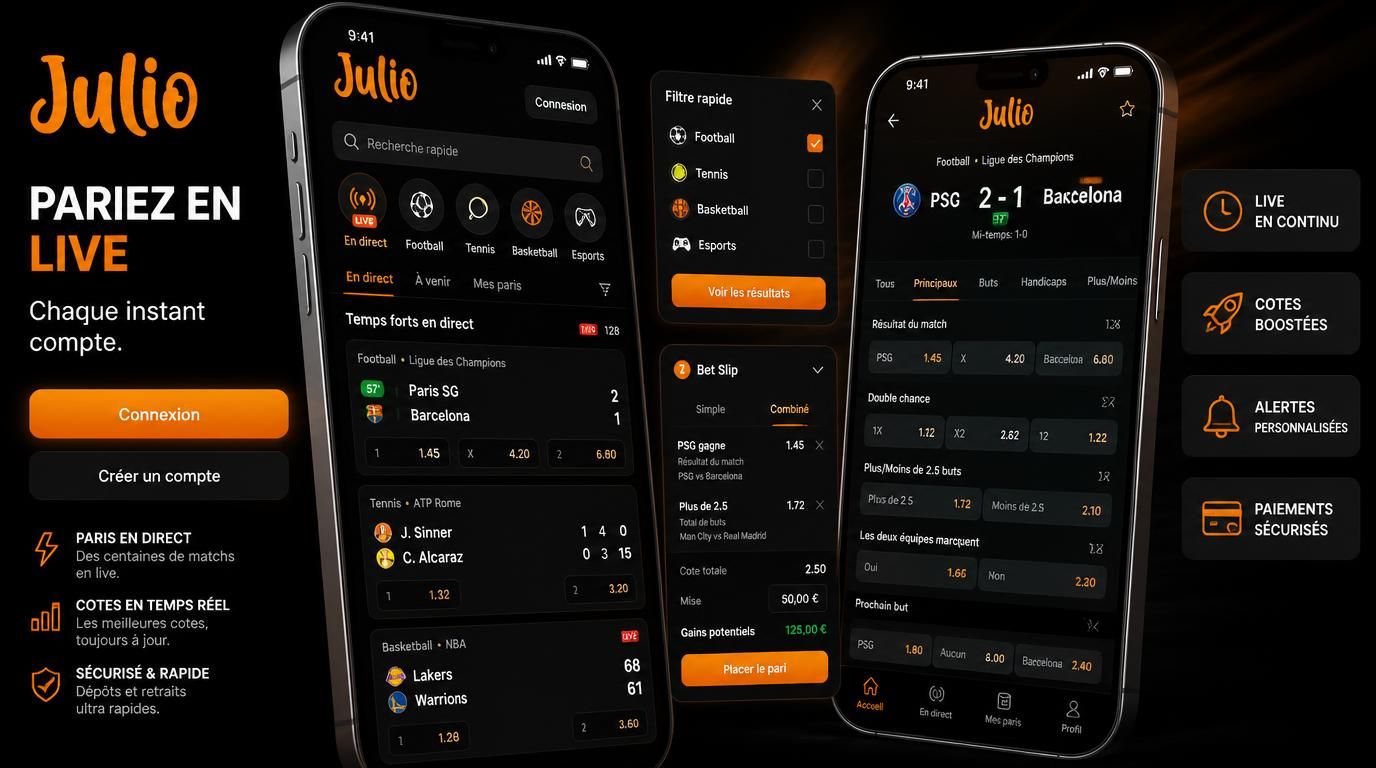 Interface mobile Julio Casino live betting avec navigation rapide et marchés en direct