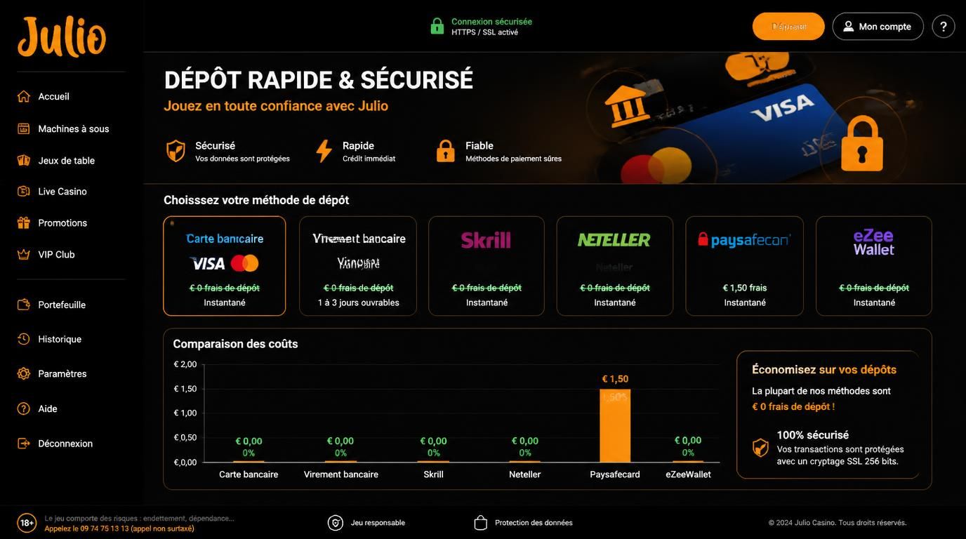 Dépôts bancaires, carte et wallet avec chiffrement SSL, sans frais visibles