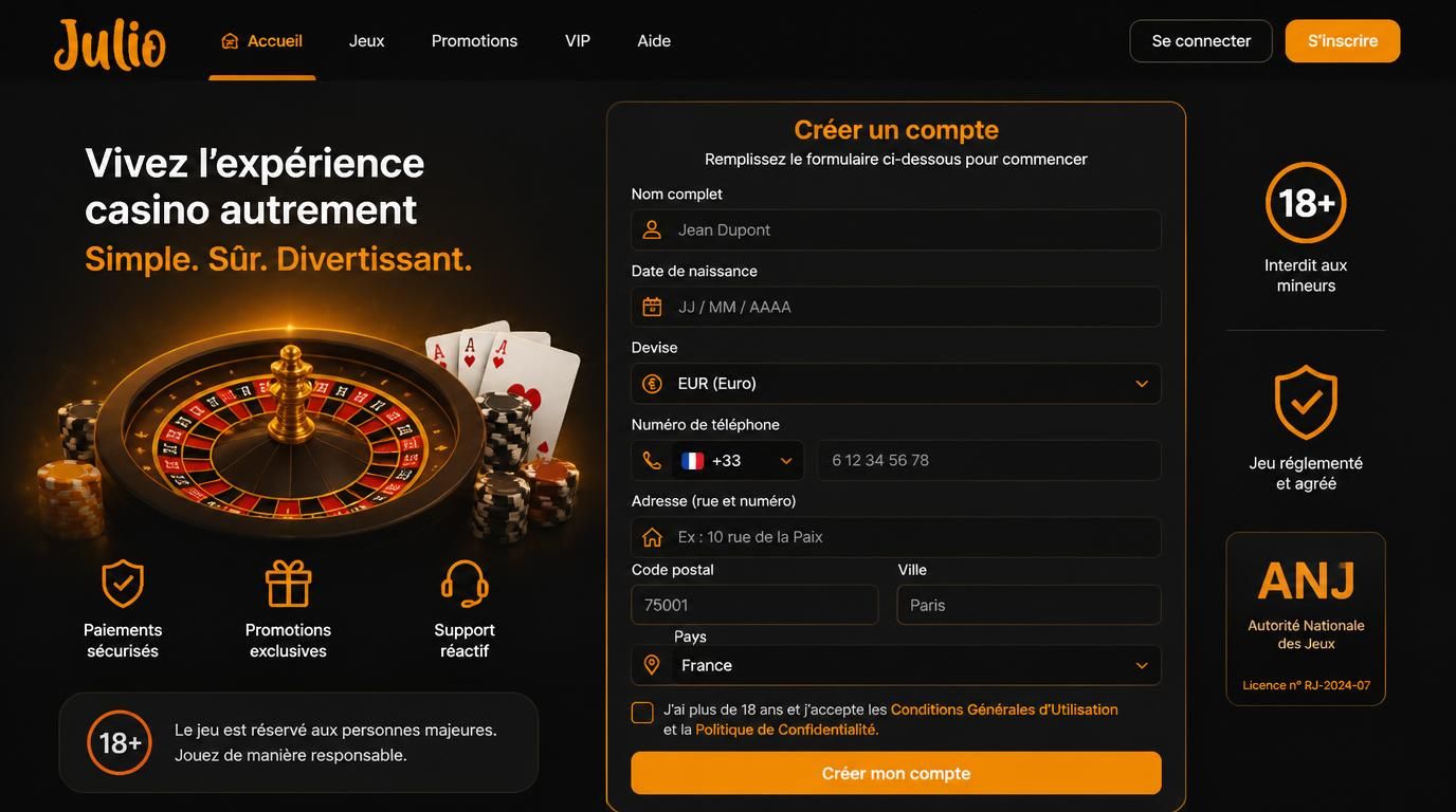 Formulaire d’inscription avec vérification de nationalité et devise EUR
