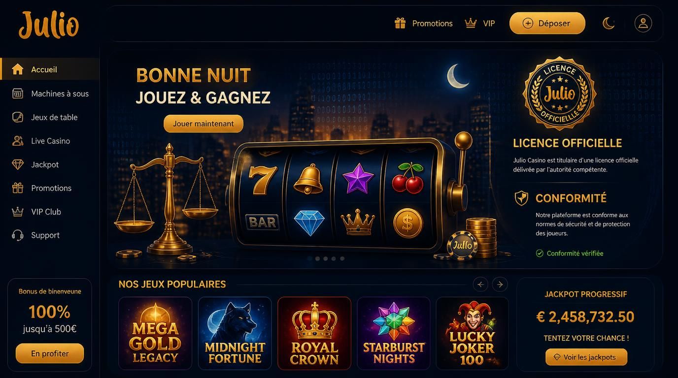 Vue d’ensemble d’une interface de casino nocturne avec un sceau légal
